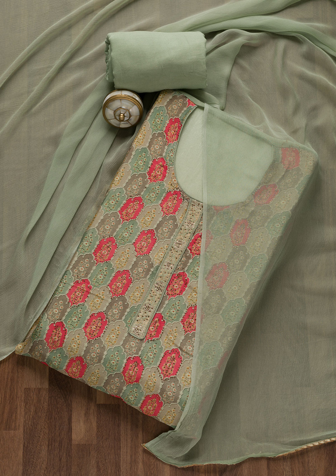 Light Green Swarovski Semi Crepe Unstitched Salwar Suit