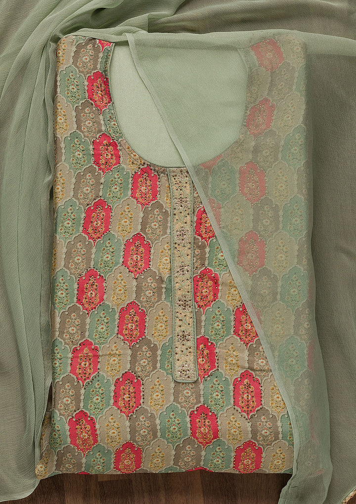 Light Green Swarovski Semi Crepe Unstitched Salwar Suit