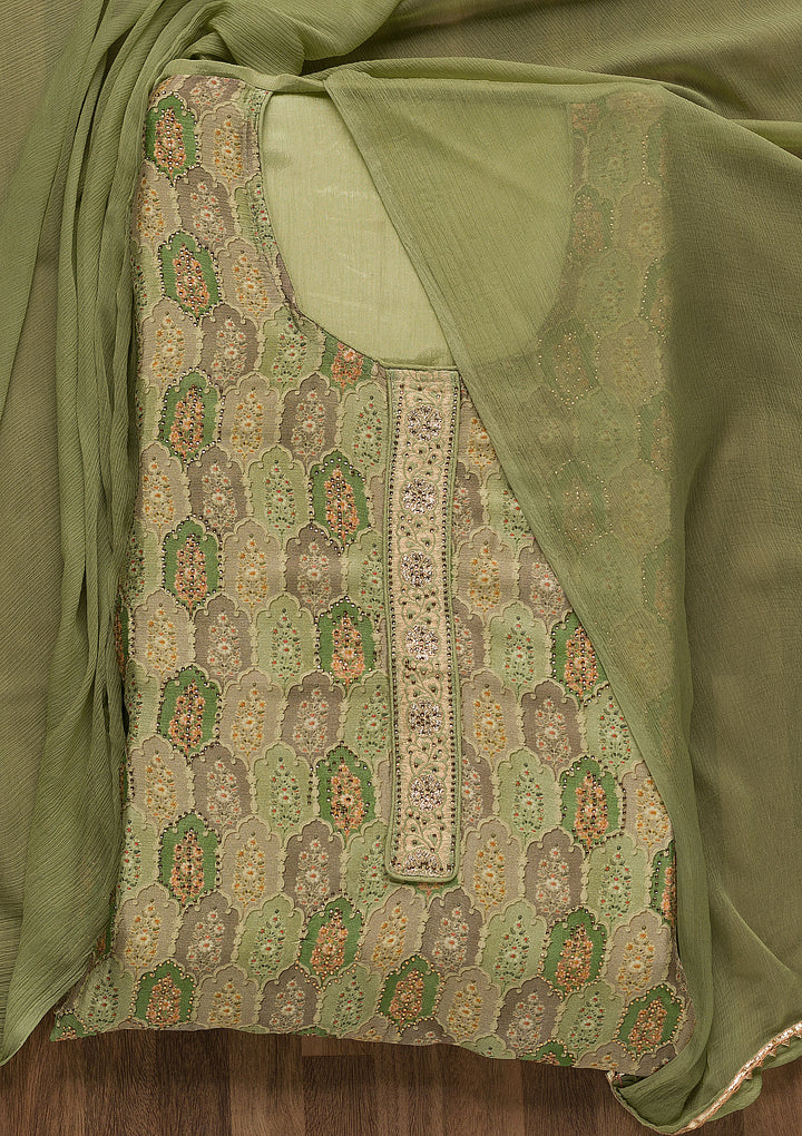 Pista Green Swarovski Semi Crepe Unstitched Salwar Suit