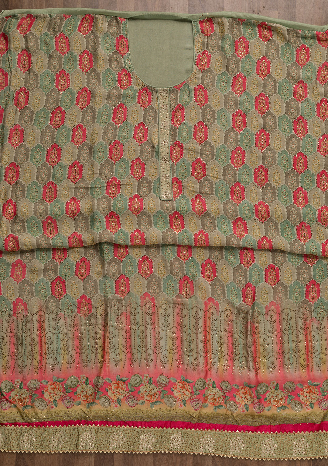 Light Green Swarovski Semi Crepe Unstitched Salwar Suit
