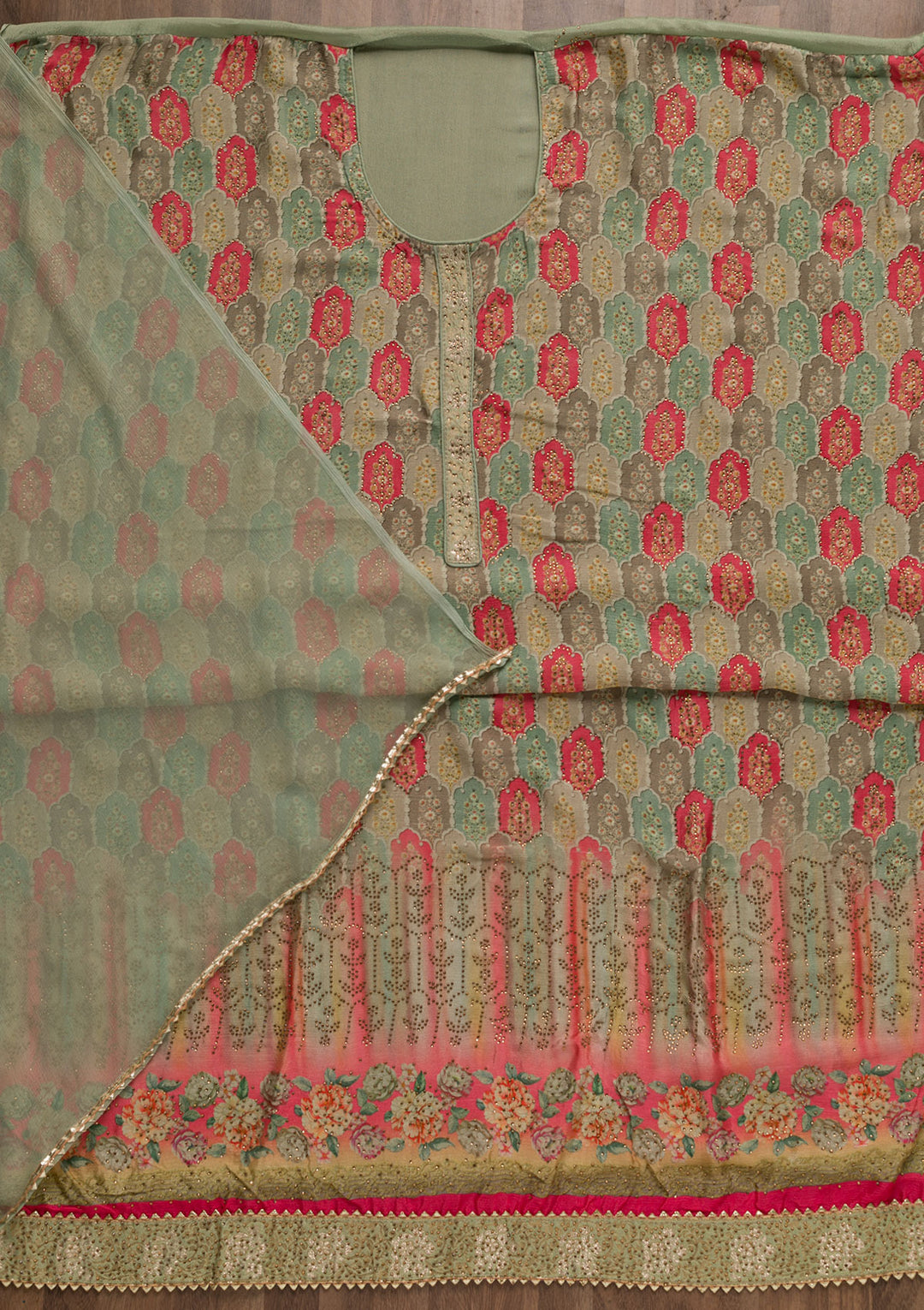 Light Green Swarovski Semi Crepe Unstitched Salwar Suit