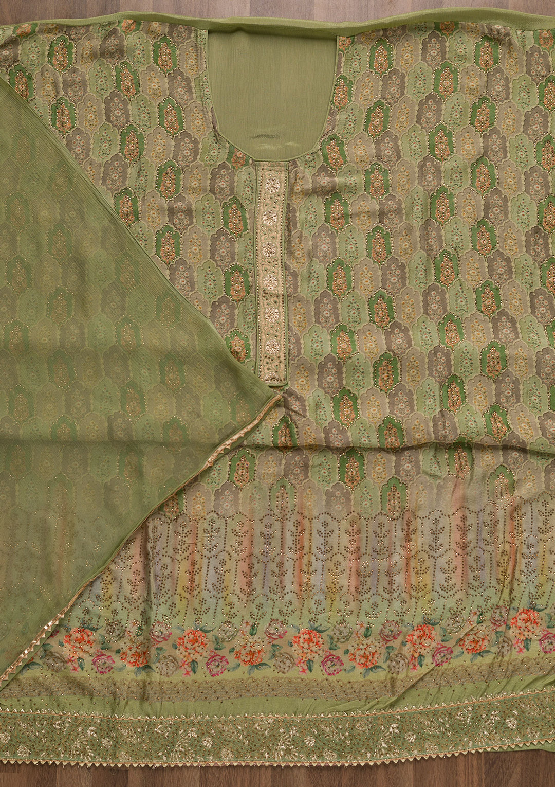 Pista Green Swarovski Semi Crepe Unstitched Salwar Suit