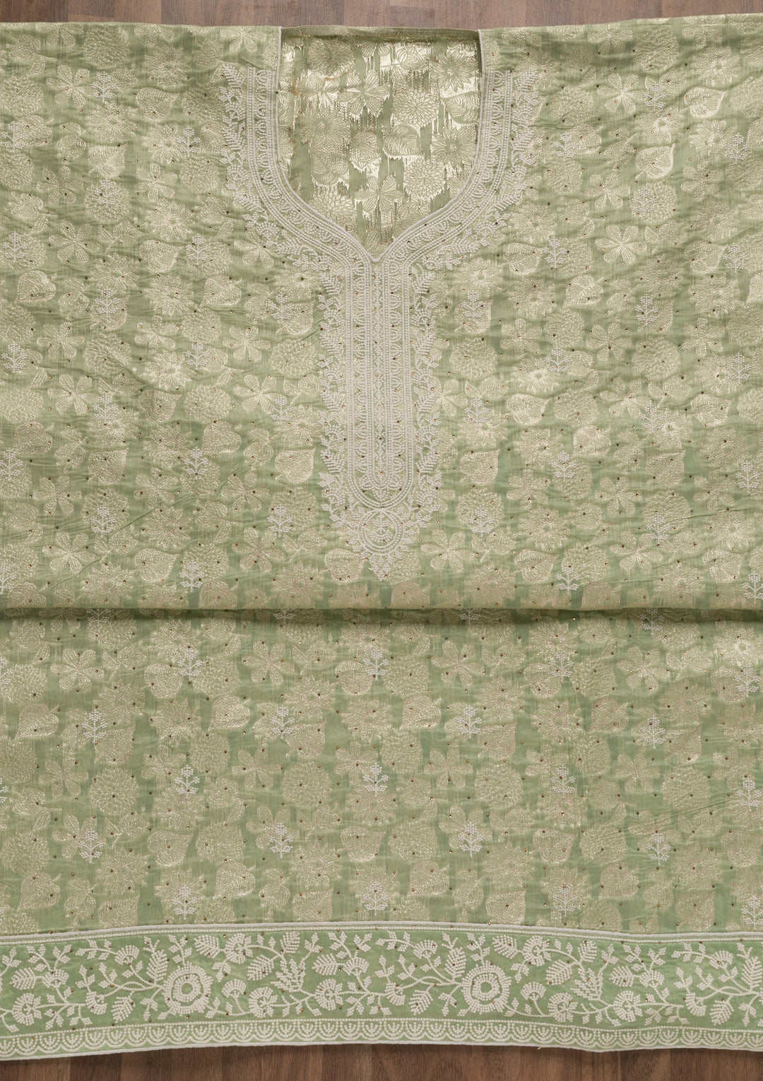 Pista Green Threadwork Banarasi Unstitched Salwar Suit