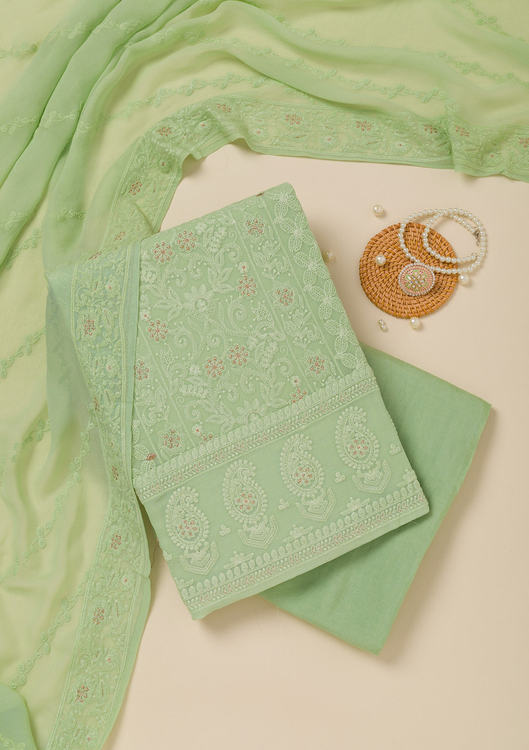 Pista Green Threadwork Georgette Unstitched Salwar Suit