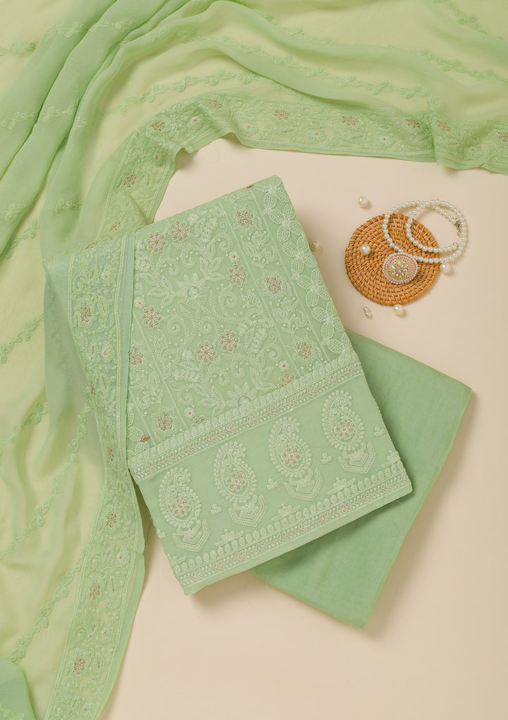 Pista Green Threadwork Georgette Unstitched Salwar Suit