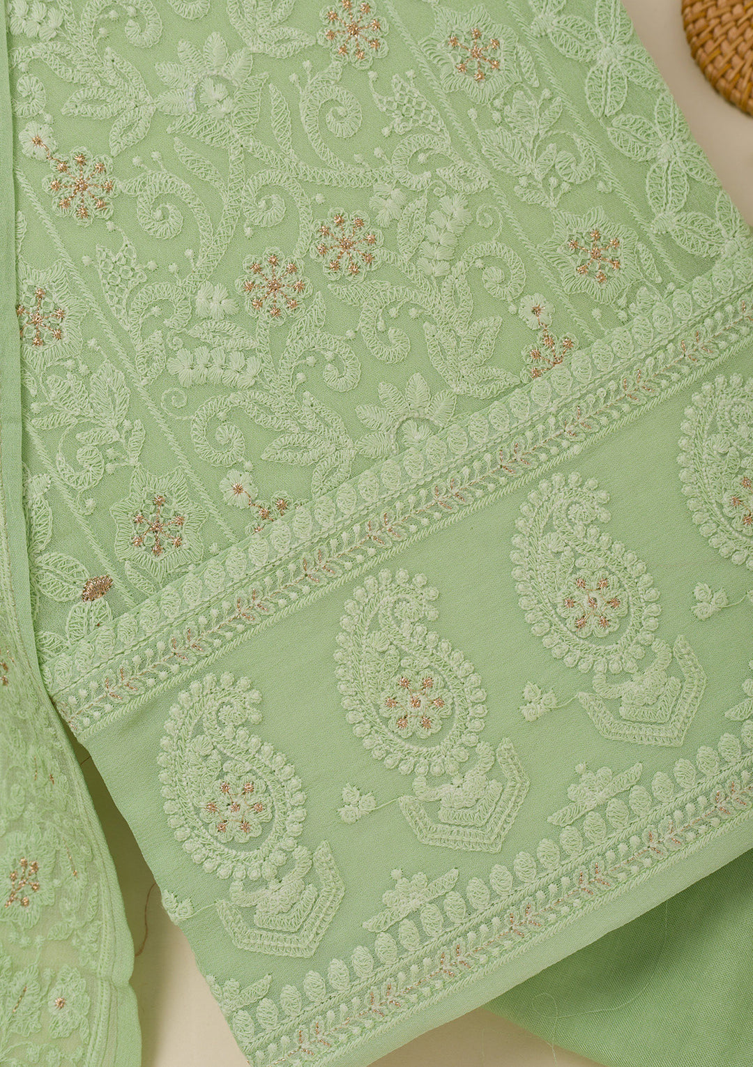 Pista Green Threadwork Georgette Unstitched Salwar Suit