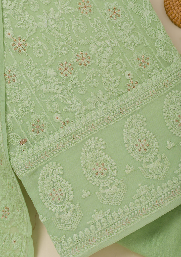 Pista Green Threadwork Georgette Unstitched Salwar Suit