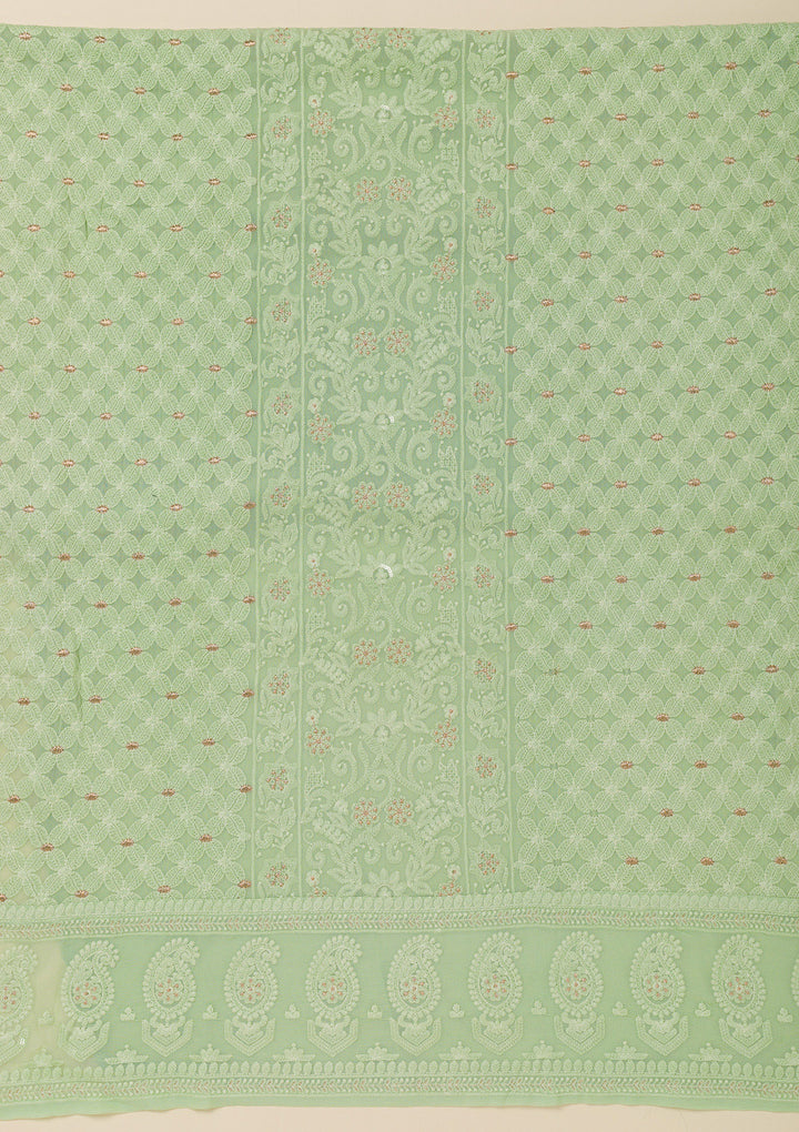 Pista Green Threadwork Georgette Unstitched Salwar Suit
