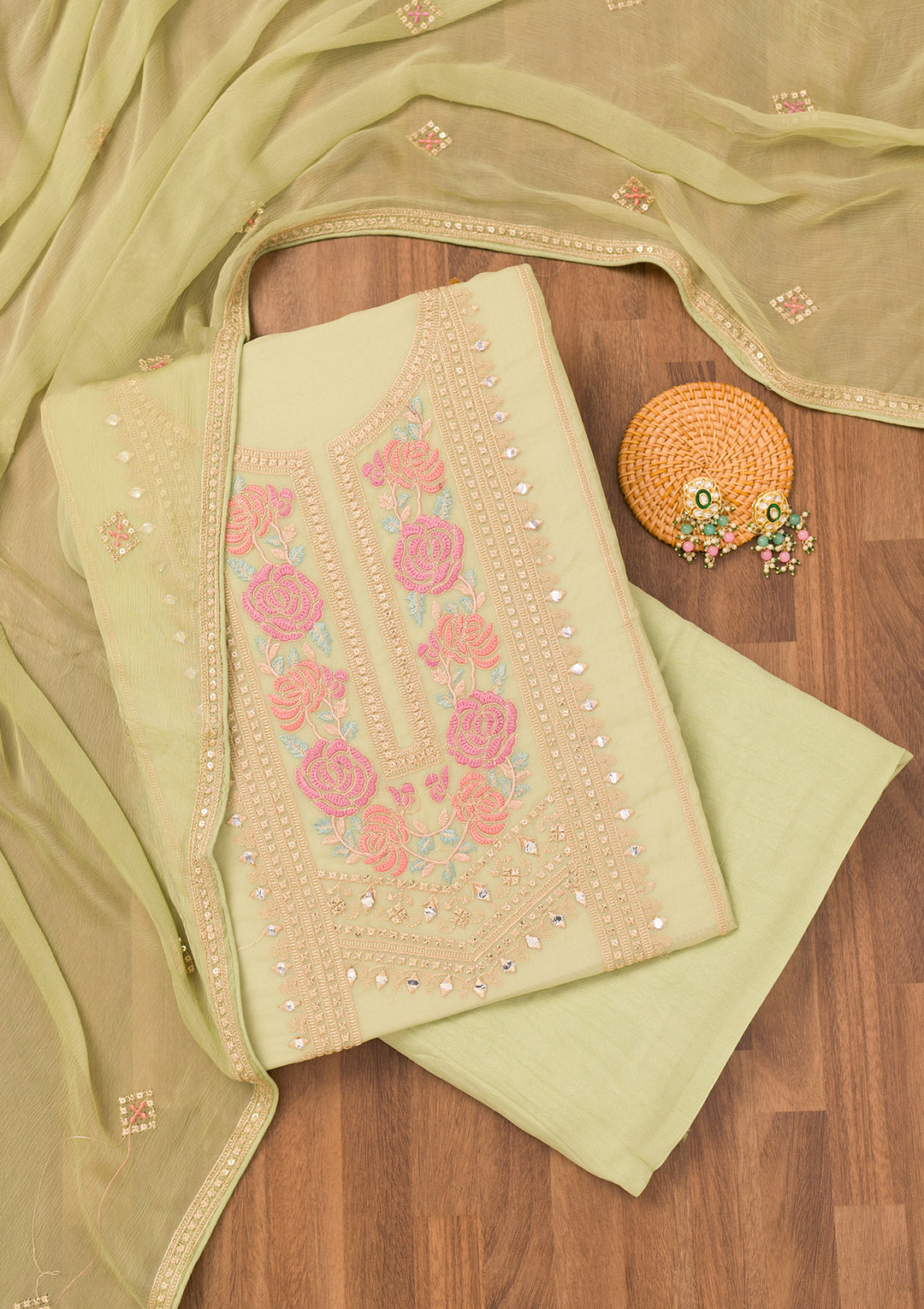 Pista Green Threadwork Georgette Unstitched Salwar Suit