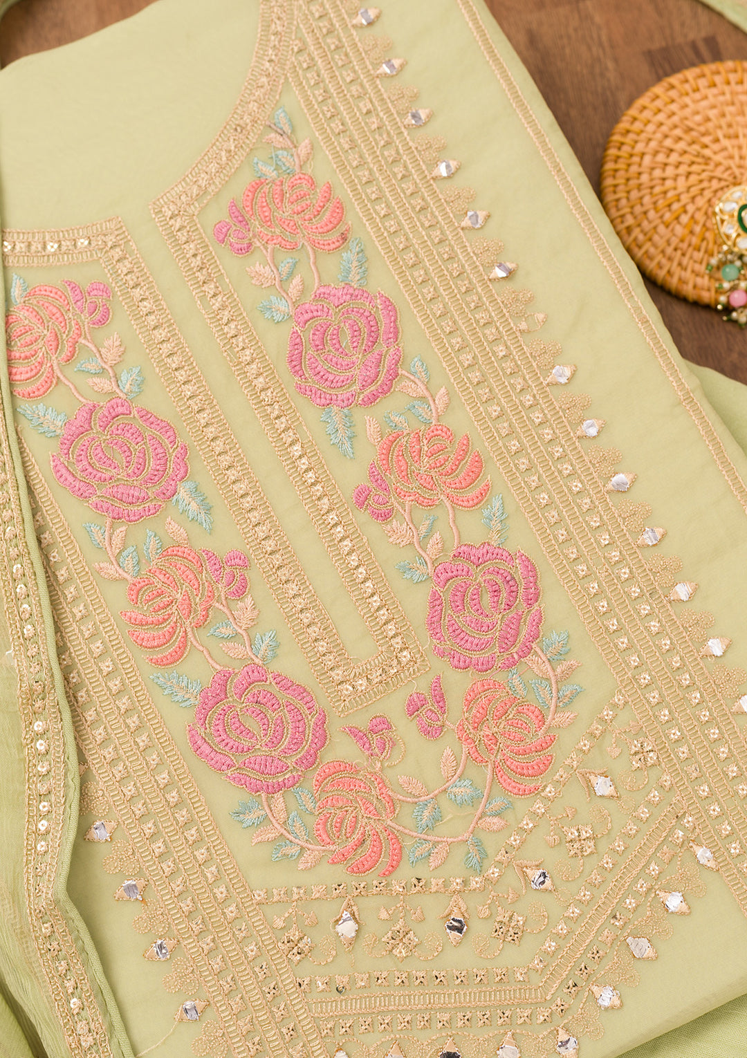 Pista Green Threadwork Georgette Unstitched Salwar Suit