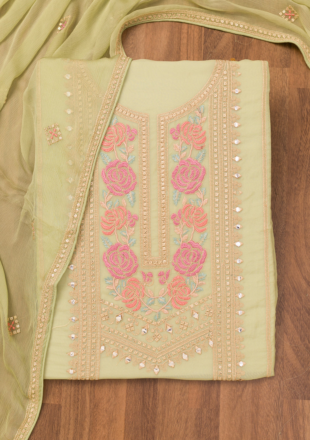 Pista Green Threadwork Georgette Unstitched Salwar Suit