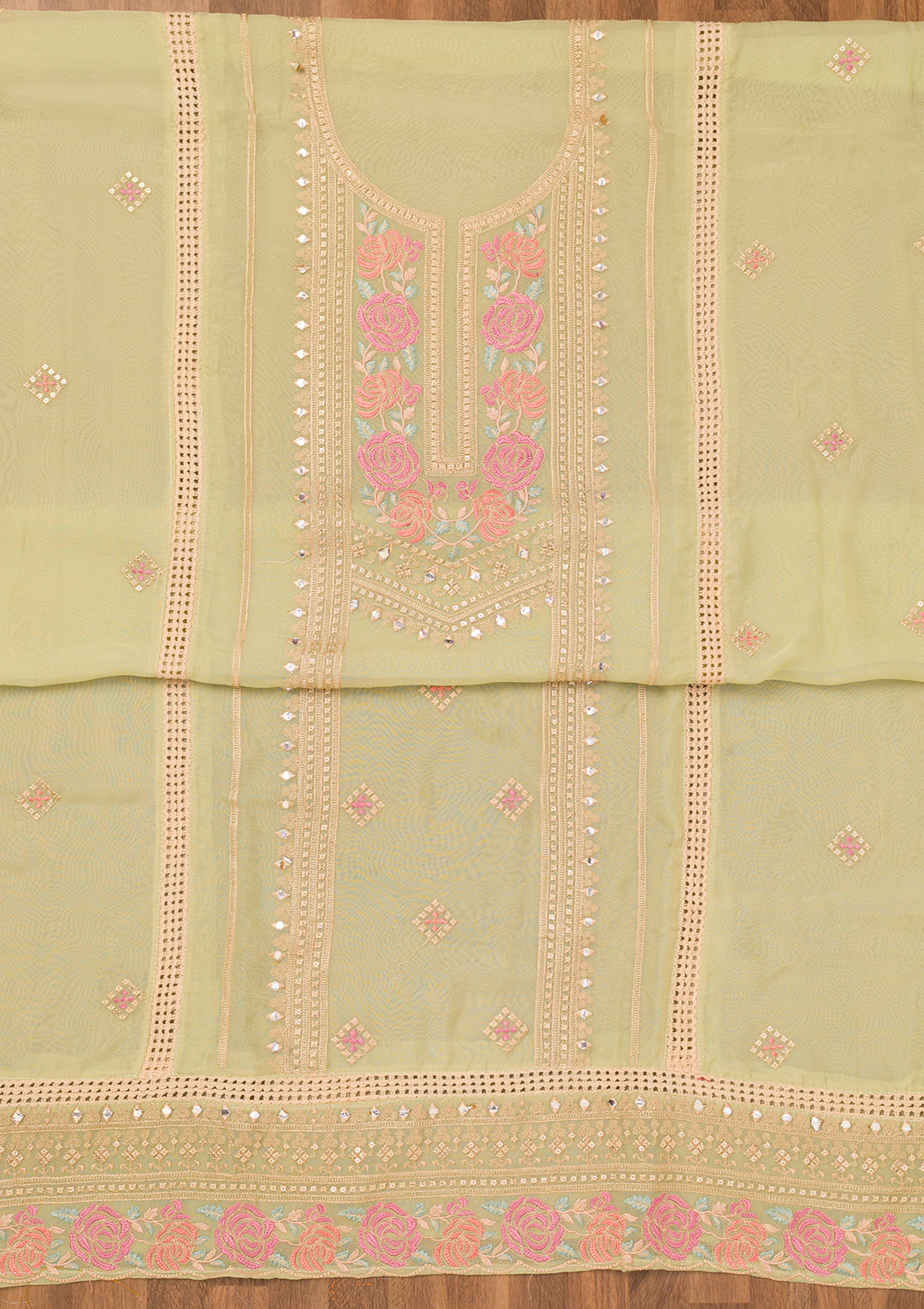 Pista Green Threadwork Georgette Unstitched Salwar Suit