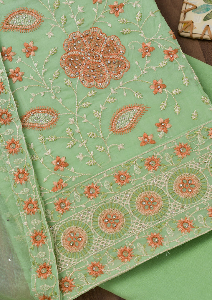 Pista Green Threadwork Georgette Unstitched Salwar Suit