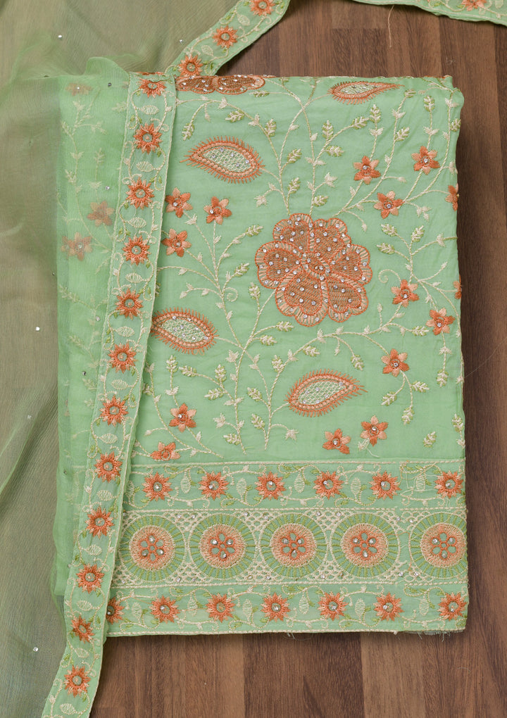 Pista Green Threadwork Georgette Unstitched Salwar Suit