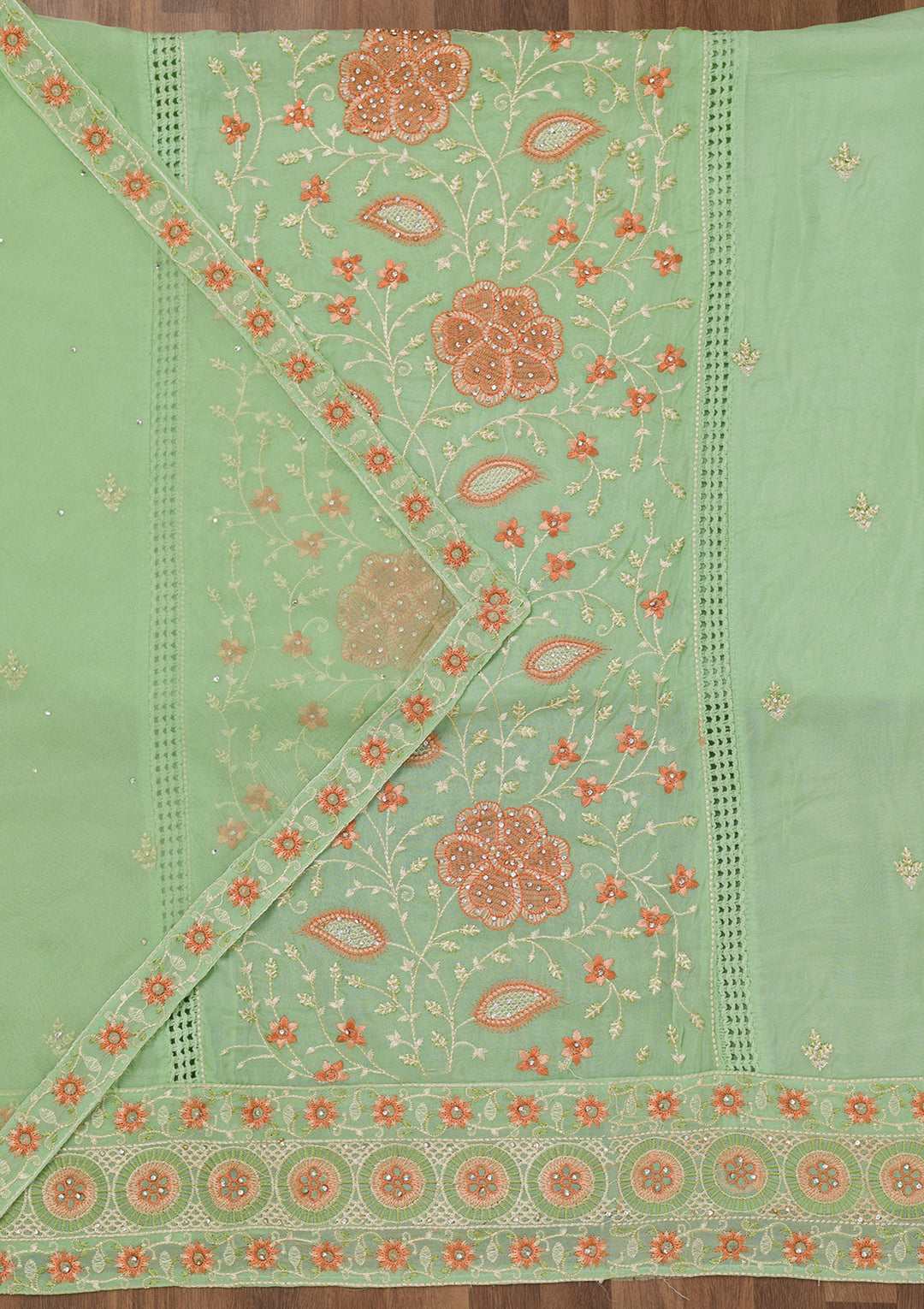 Pista Green Threadwork Georgette Unstitched Salwar Suit