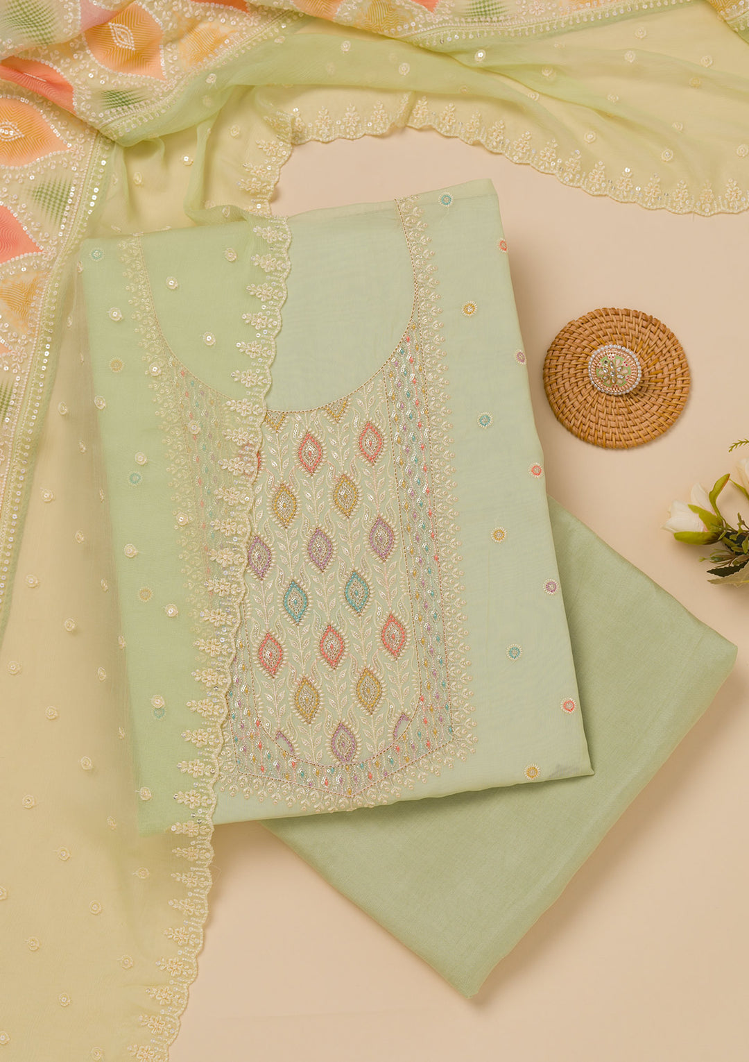 Pista Green Threadwork Georgette Unstitched Salwar Suit