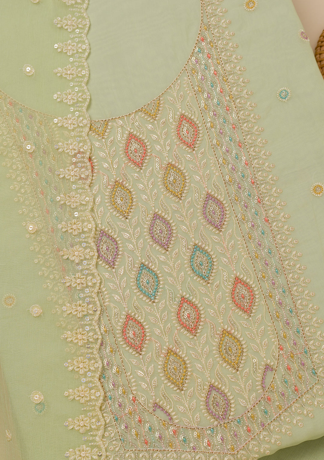 Pista Green Threadwork Georgette Unstitched Salwar Suit