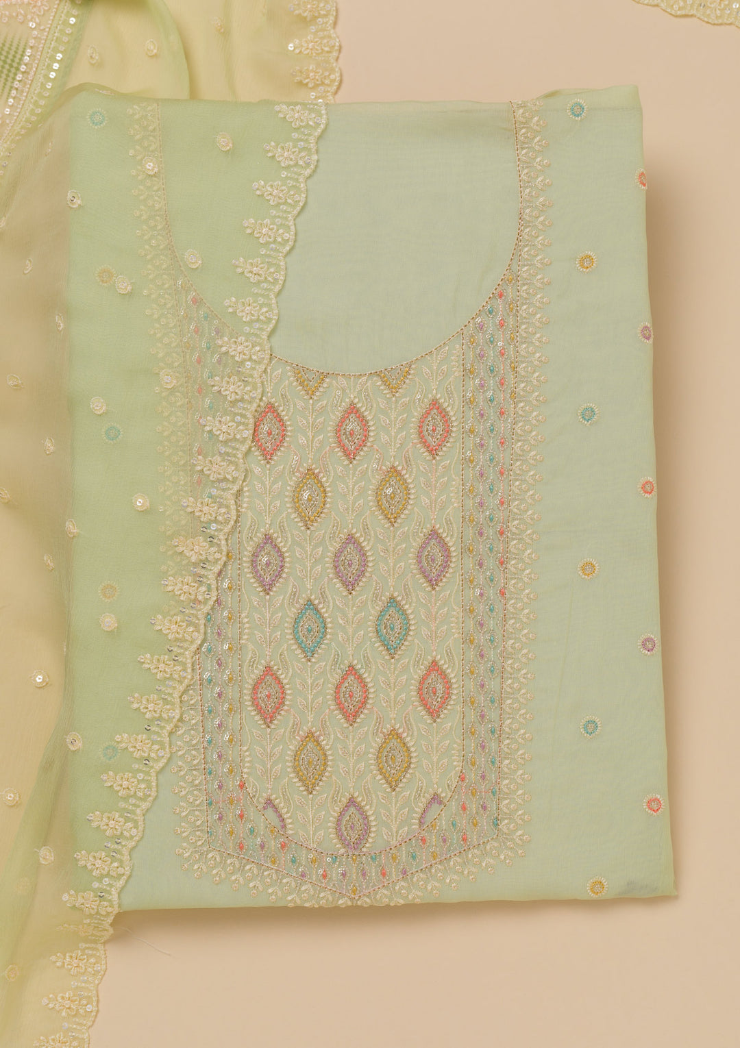 Pista Green Threadwork Georgette Unstitched Salwar Suit