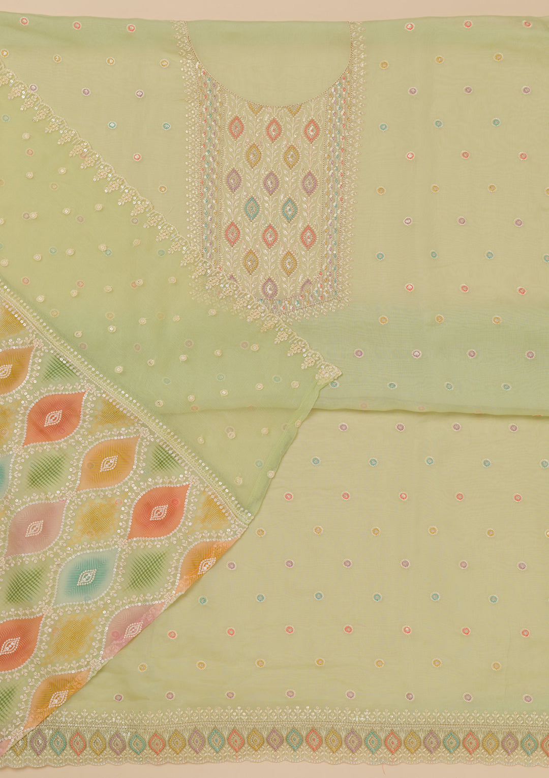 Pista Green Threadwork Georgette Unstitched Salwar Suit