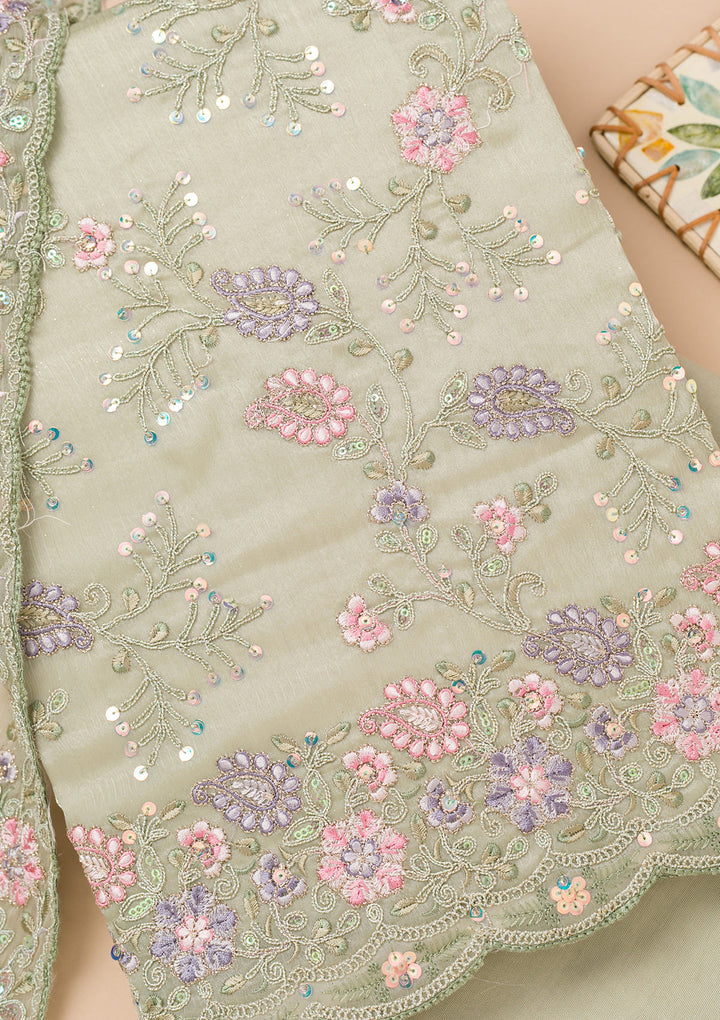 Pista Green Threadwork Semi Crepe Unstitched Salwar Suit