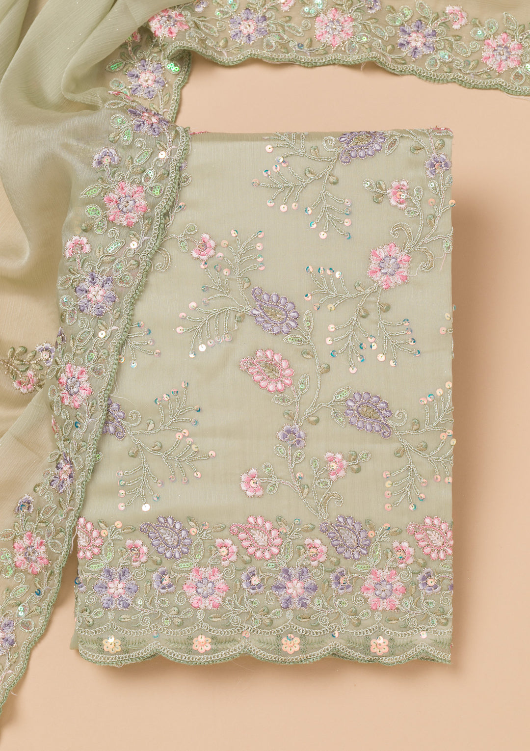 Pista Green Threadwork Semi Crepe Unstitched Salwar Suit