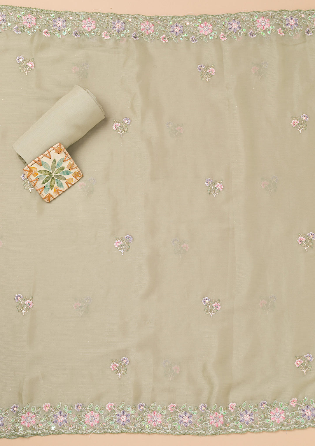 Pista Green Threadwork Semi Crepe Unstitched Salwar Suit