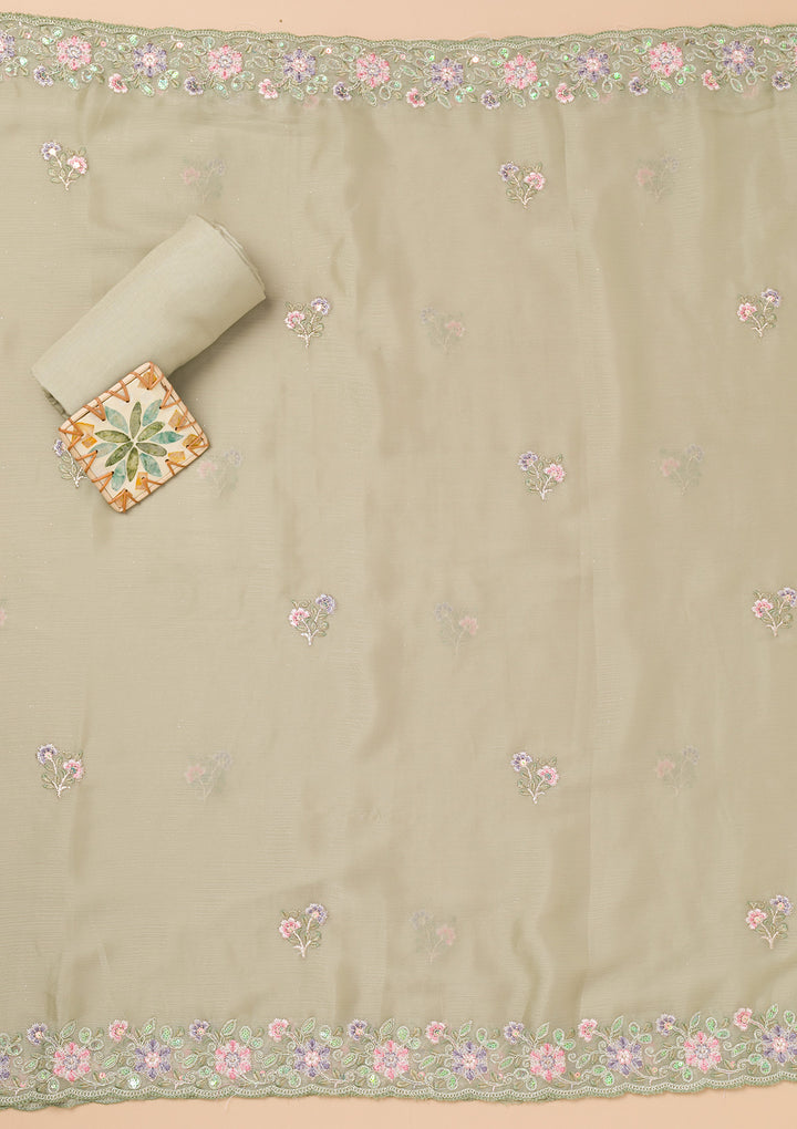 Pista Green Threadwork Semi Crepe Unstitched Salwar Suit