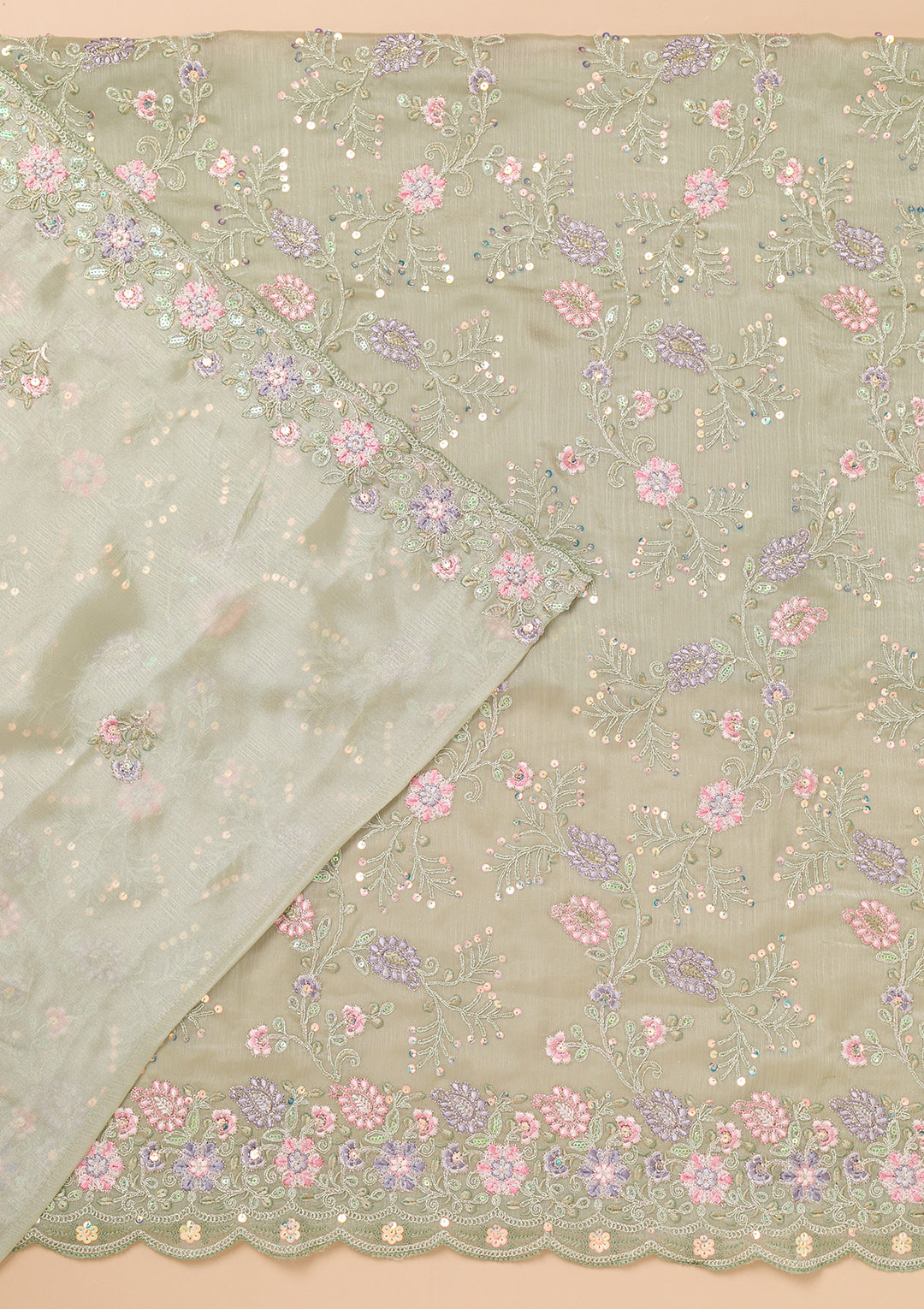 Pista Green Threadwork Semi Crepe Unstitched Salwar Suit