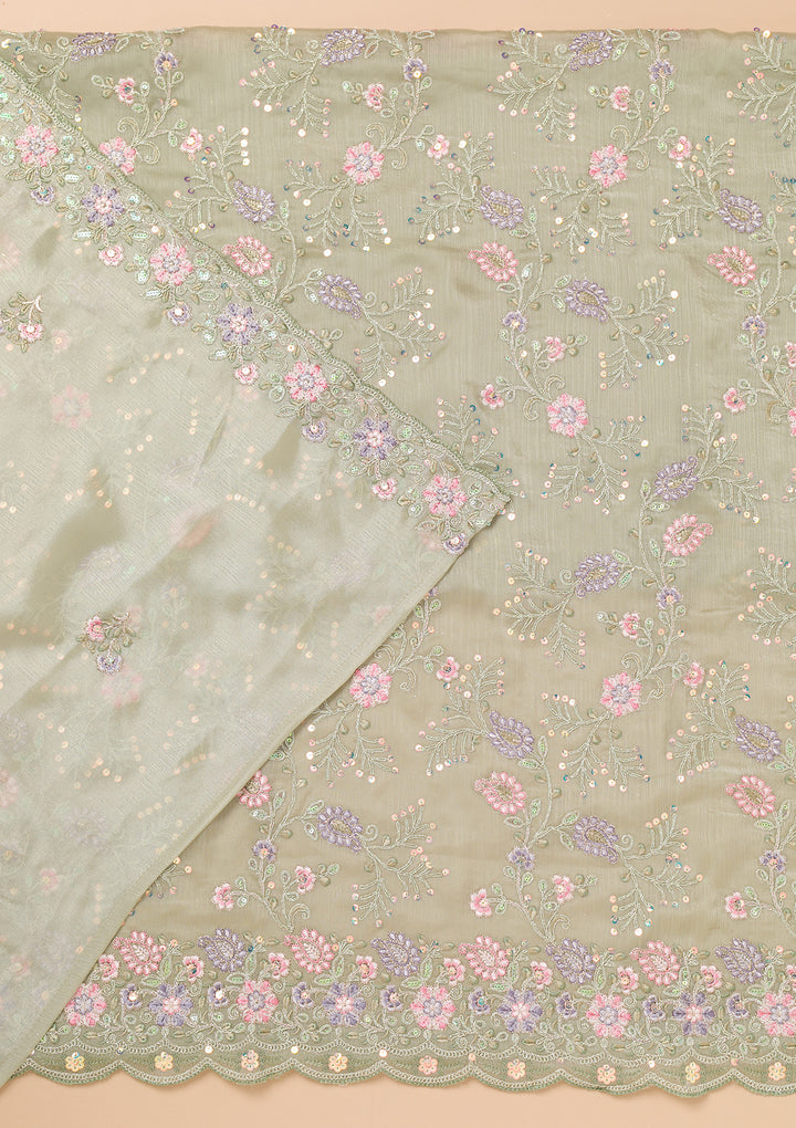 Pista Green Threadwork Semi Crepe Unstitched Salwar Suit