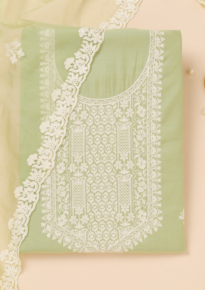 Pista Green Threadwork Semi Crepe Unstitched Salwar Suit