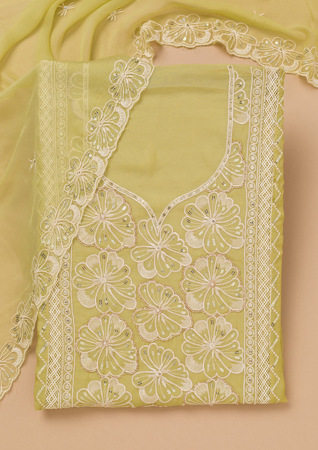 Pista Green Threadwork Semi Crepe Unstitched Salwar Suit