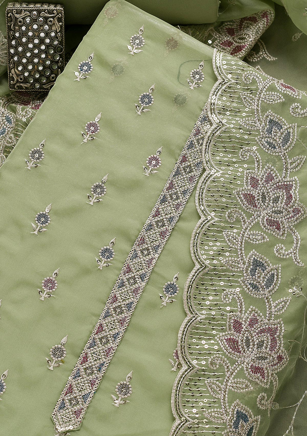 Pista Green Threadwork Tissue Unstitched Salwar Suit