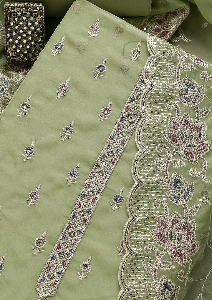 Pista Green Threadwork Tissue Unstitched Salwar Suit