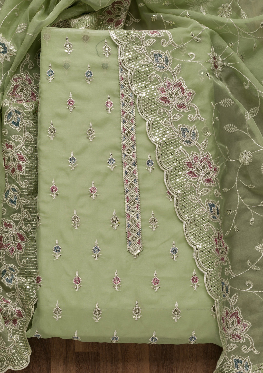Pista Green Threadwork Tissue Unstitched Salwar Suit