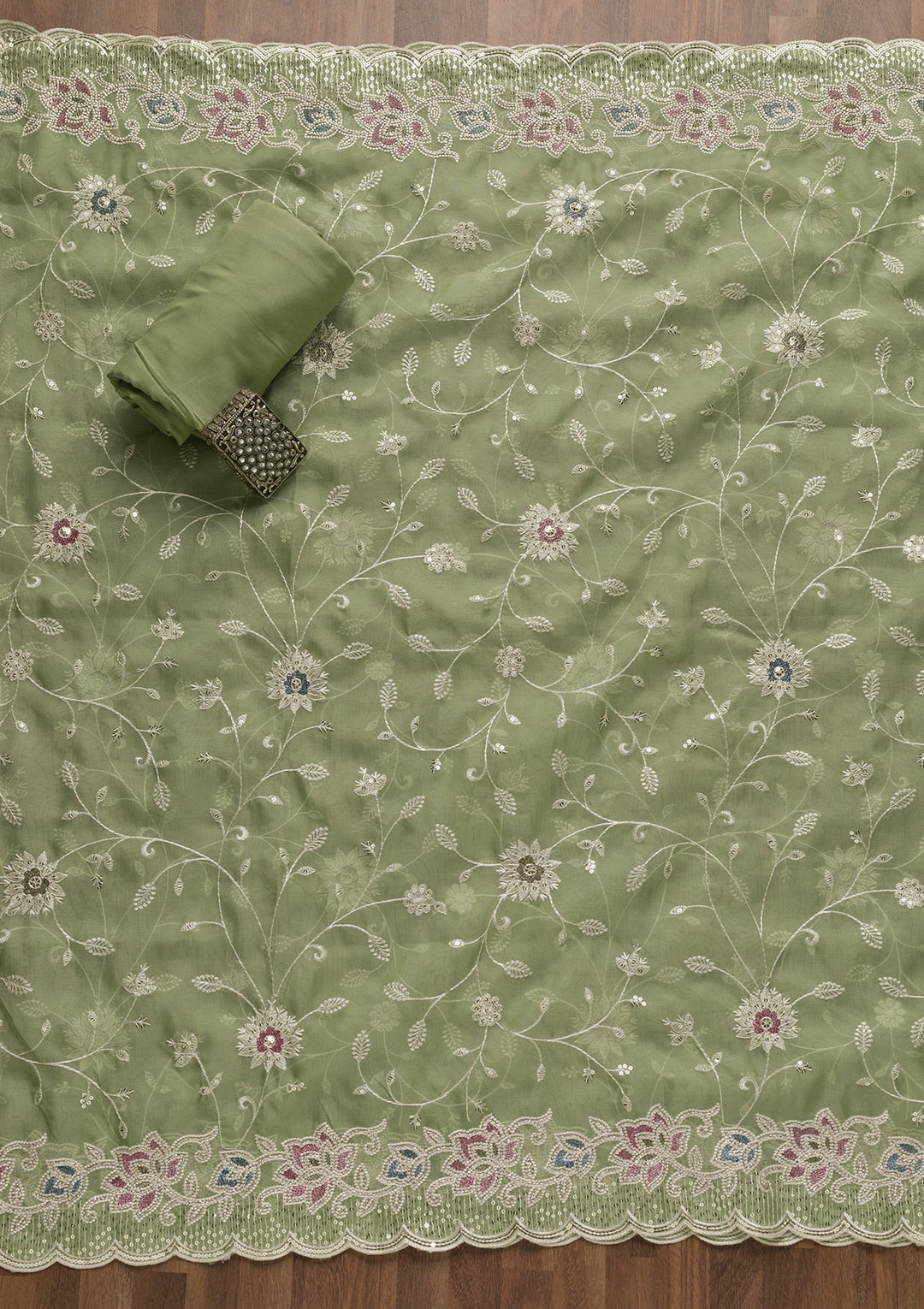 Pista Green Threadwork Tissue Unstitched Salwar Suit