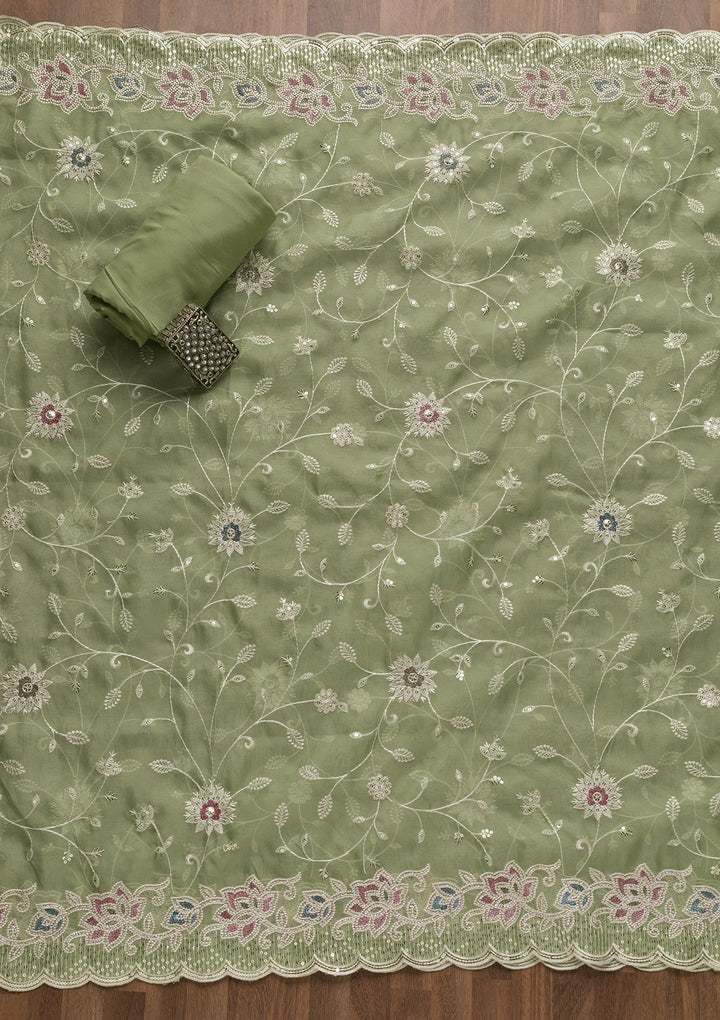Pista Green Threadwork Tissue Unstitched Salwar Suit