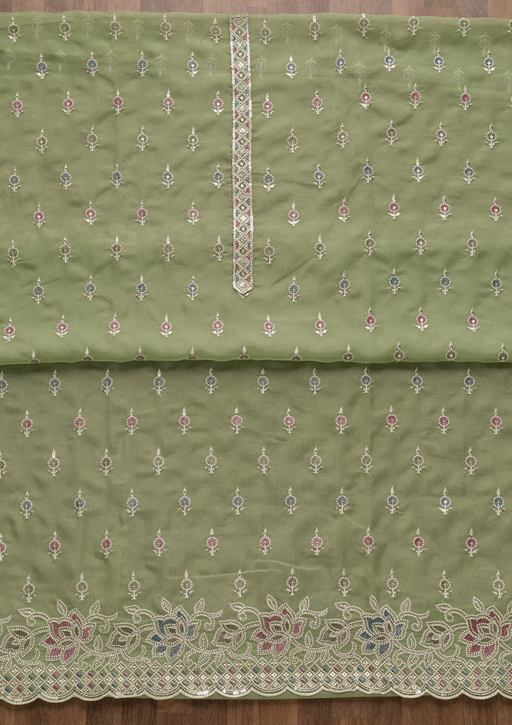 Pista Green Threadwork Tissue Unstitched Salwar Suit