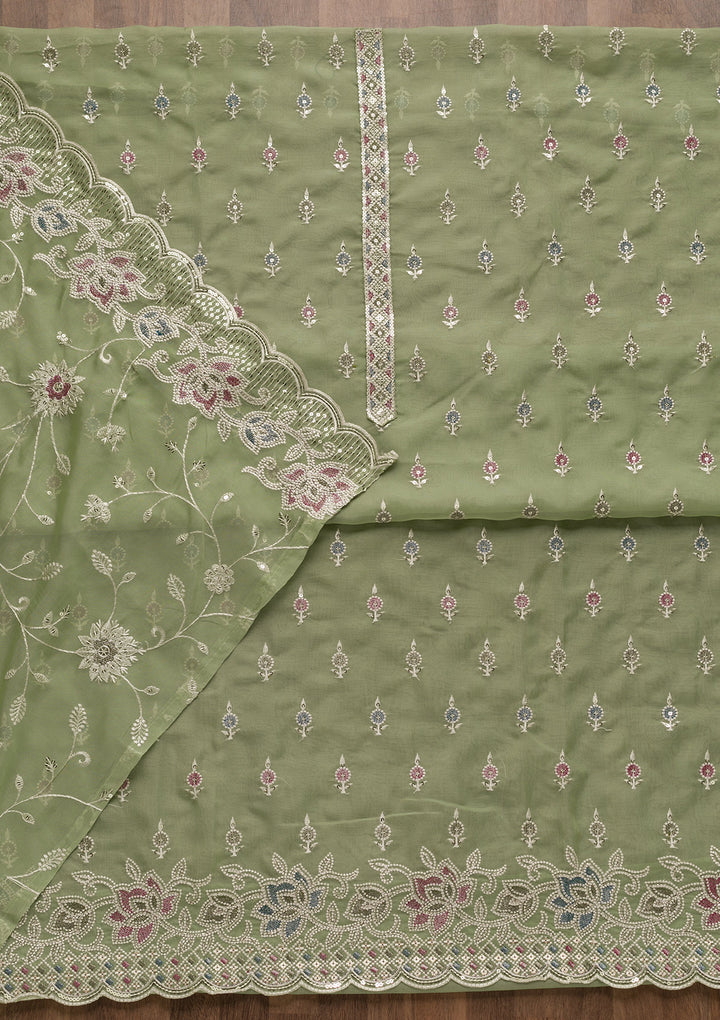 Pista Green Threadwork Tissue Unstitched Salwar Suit