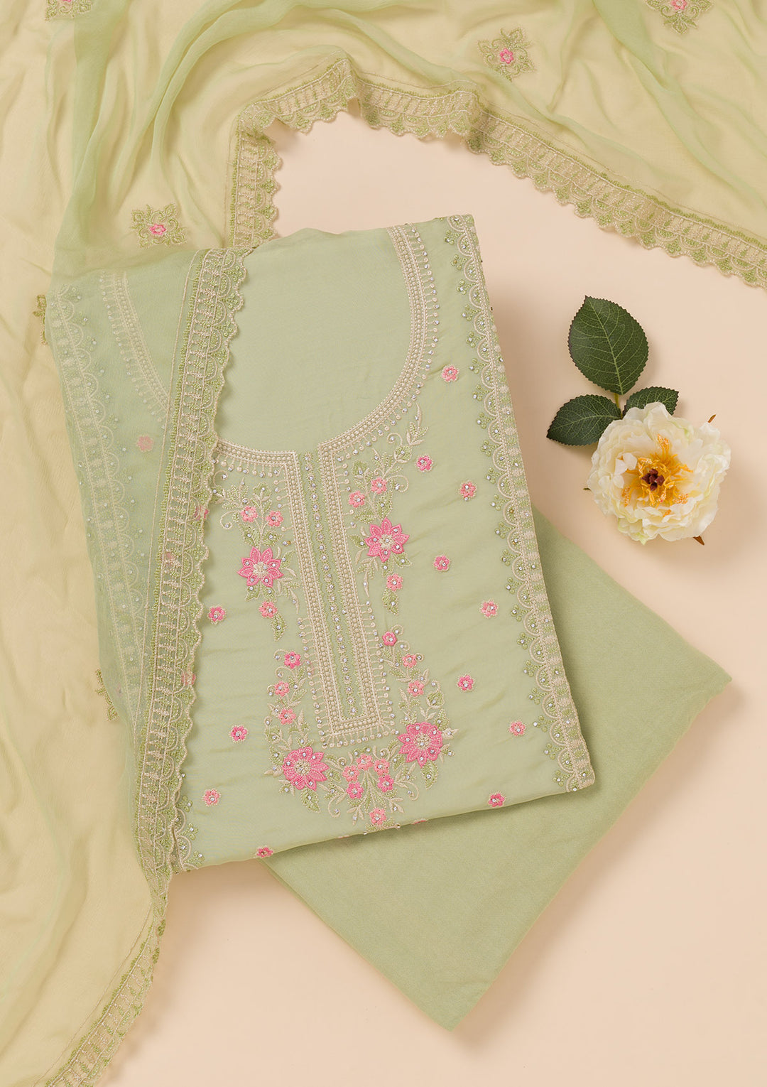 Pista Green Zariwork Georgette Unstitched Salwar Suit