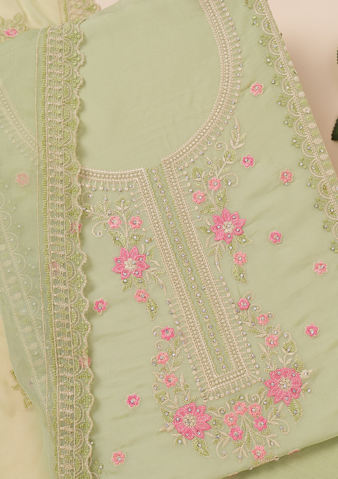 Pista Green Zariwork Georgette Unstitched Salwar Suit