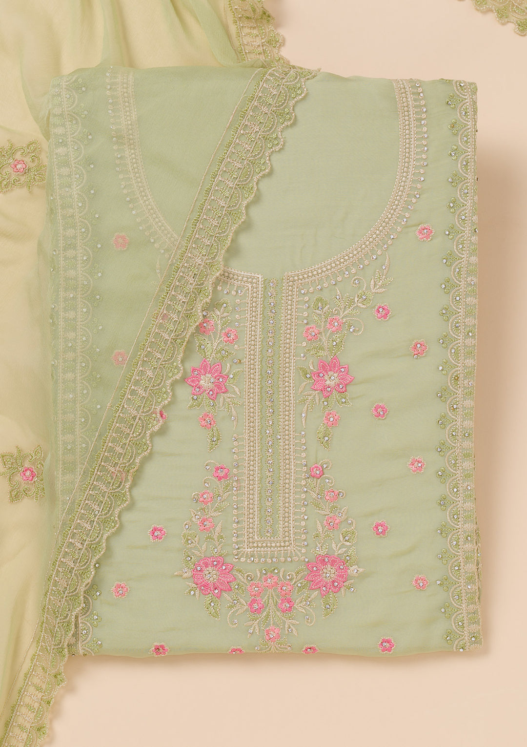 Pista Green Zariwork Georgette Unstitched Salwar Suit