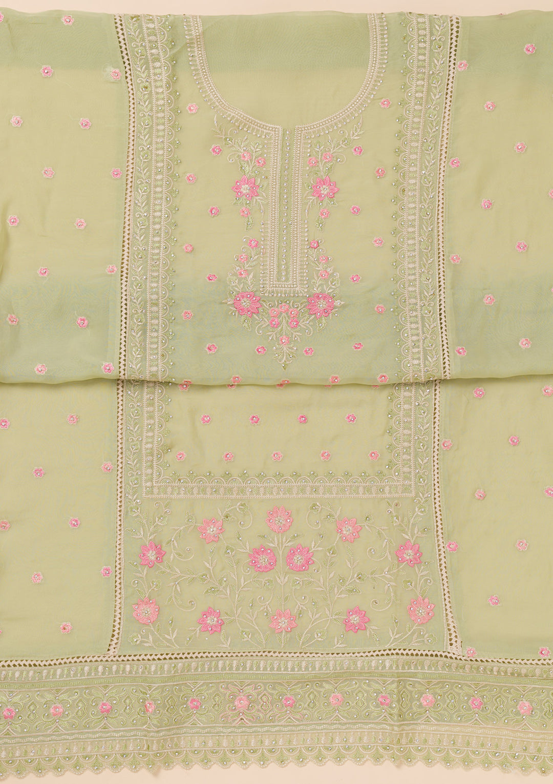 Pista Green Zariwork Georgette Unstitched Salwar Suit