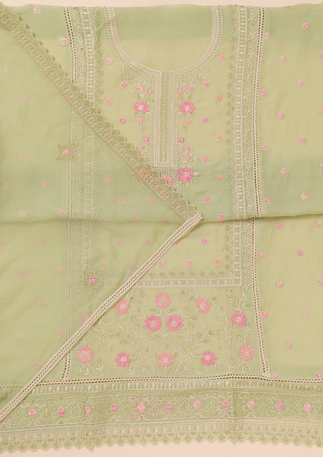 Pista Green Zariwork Georgette Unstitched Salwar Suit