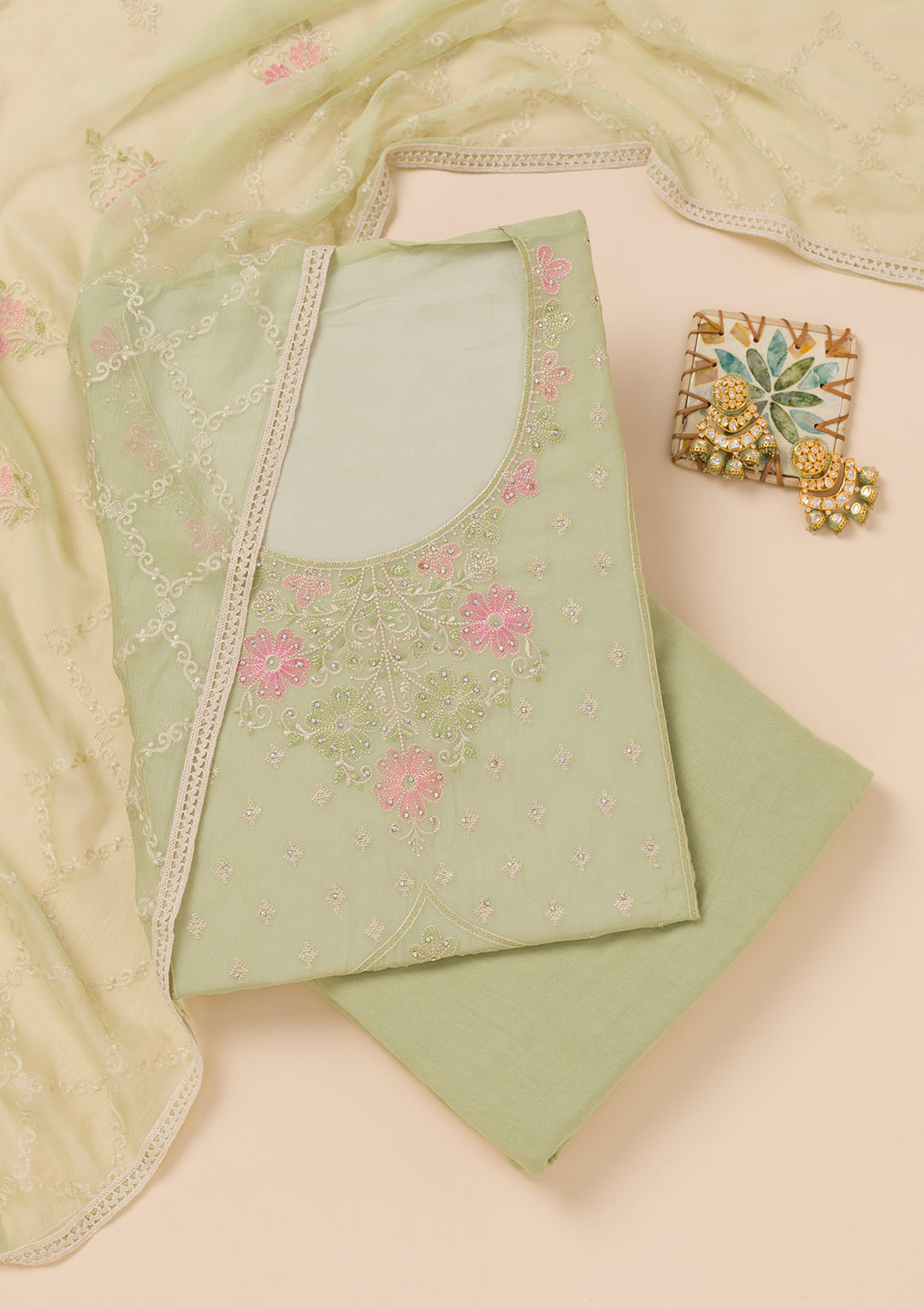 Pista Green Zariwork Georgette Unstitched Salwar Suit
