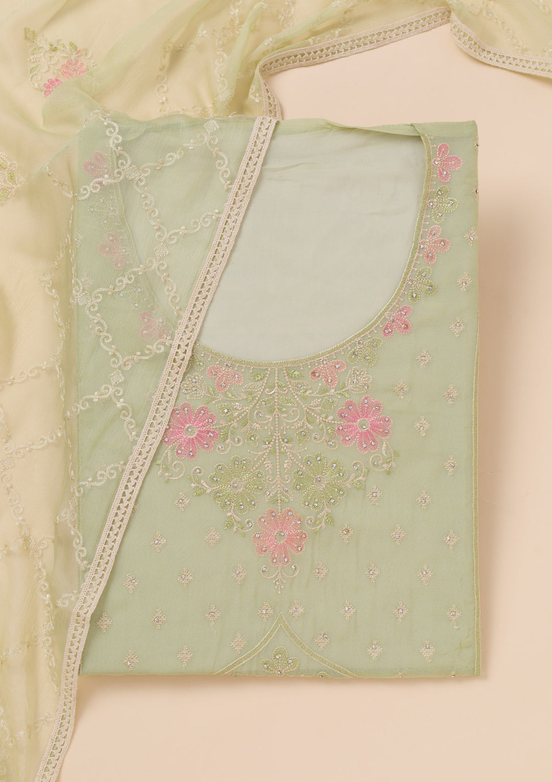 Pista Green Zariwork Georgette Unstitched Salwar Suit