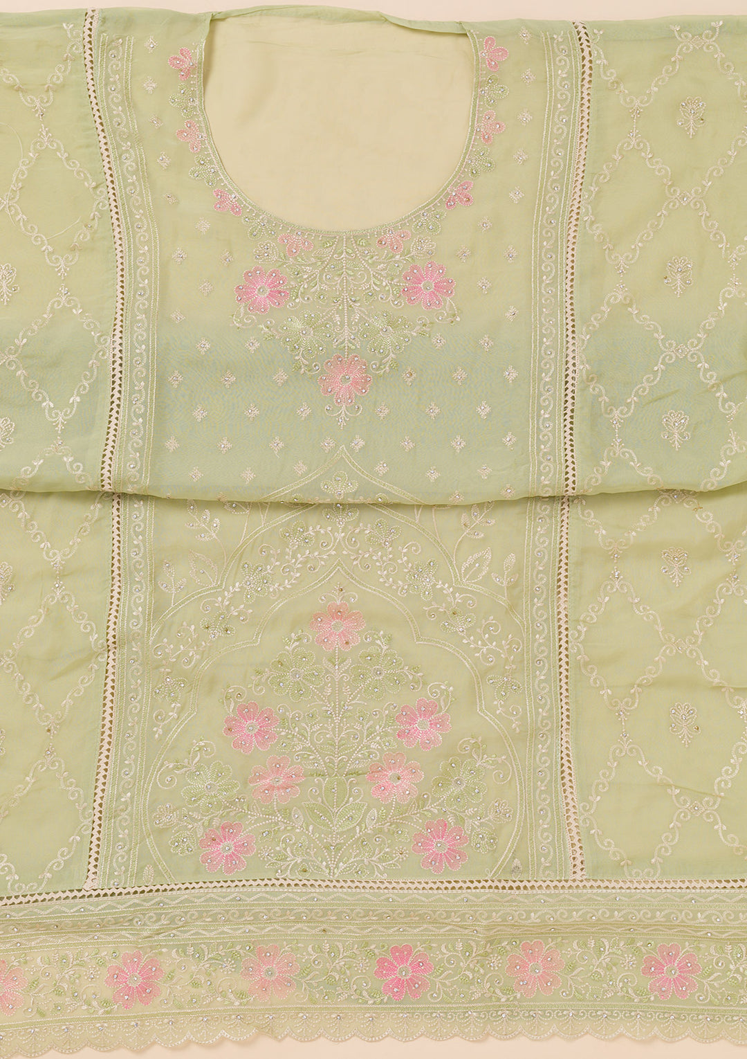 Pista Green Zariwork Georgette Unstitched Salwar Suit