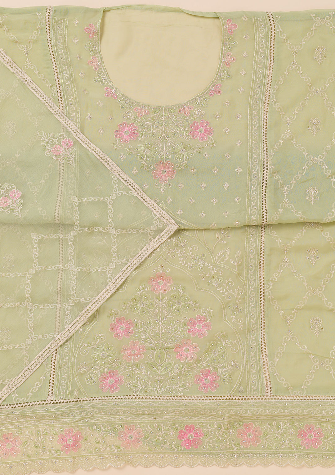 Pista Green Zariwork Georgette Unstitched Salwar Suit