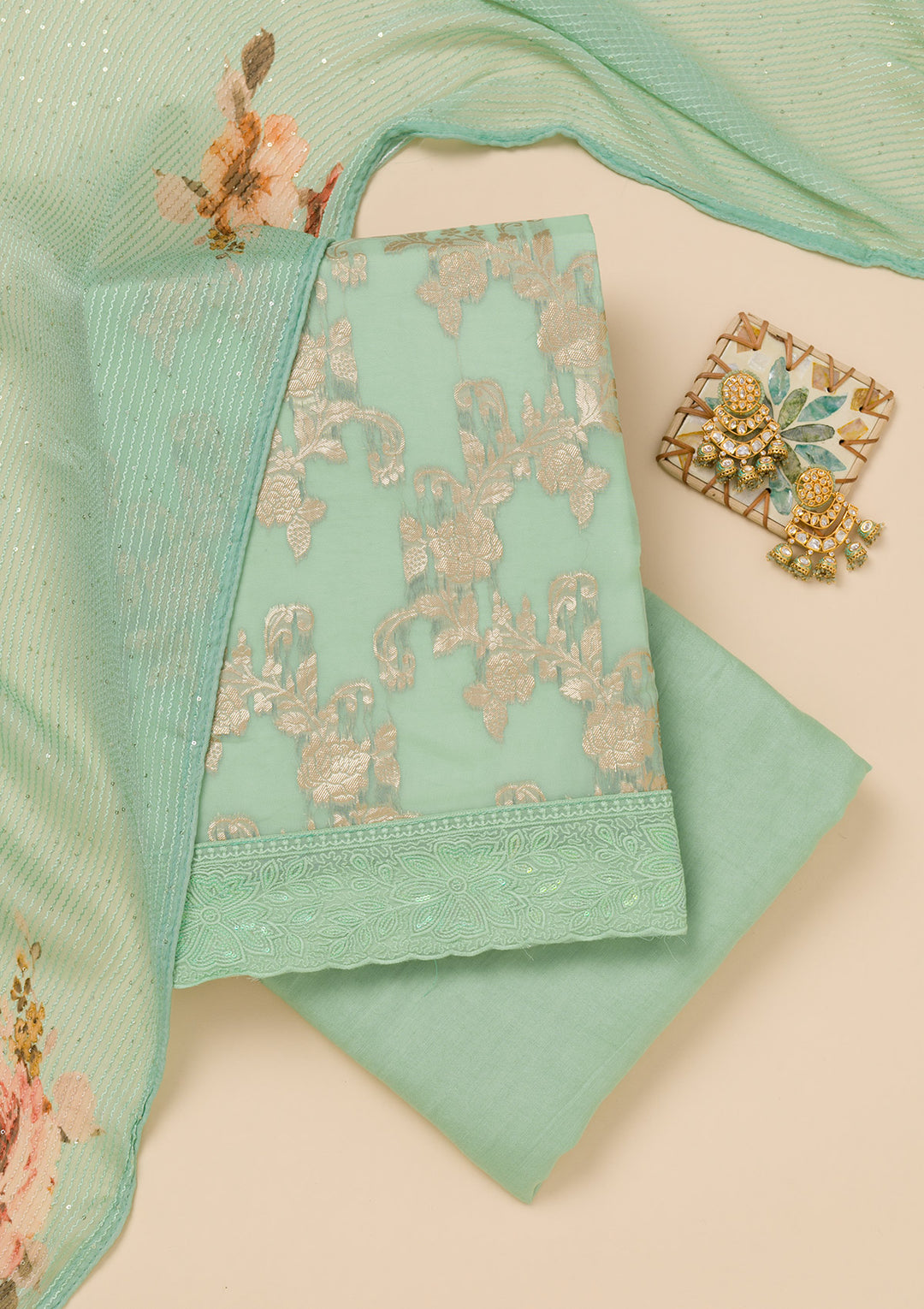 Pista Green Zariwork Georgette Unstitched Salwar Suit