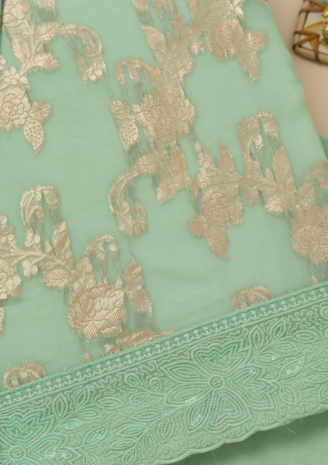 Pista Green Zariwork Georgette Unstitched Salwar Suit