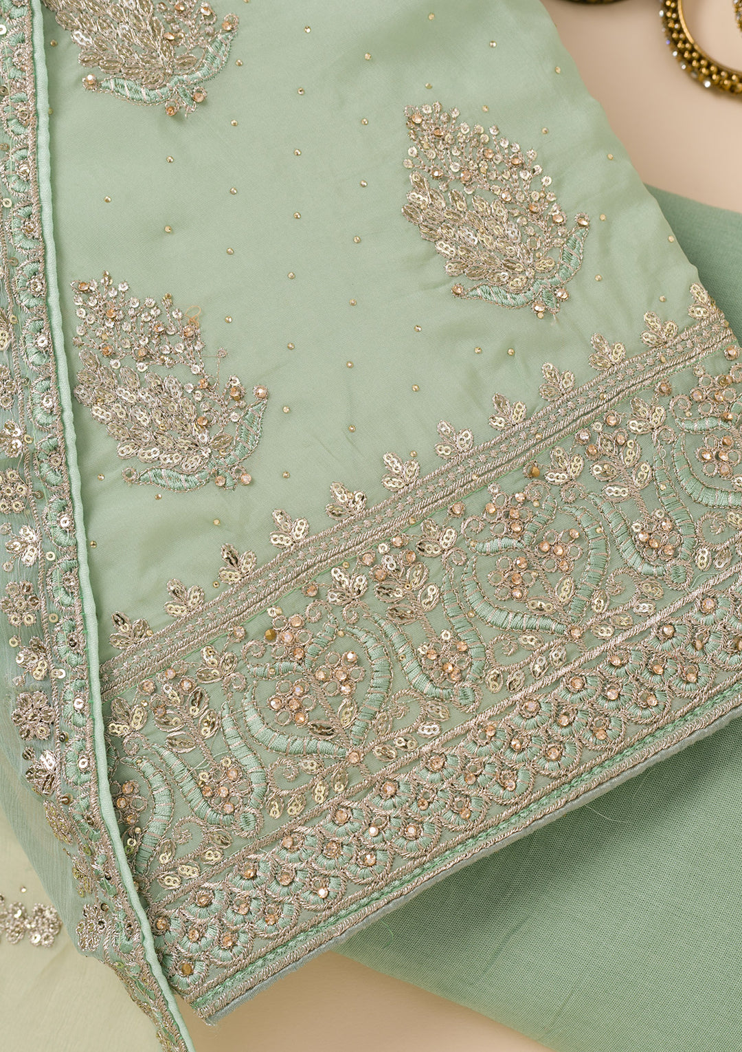 Pista Green Zariwork Semi Crepe Unstitched Salwar Suit